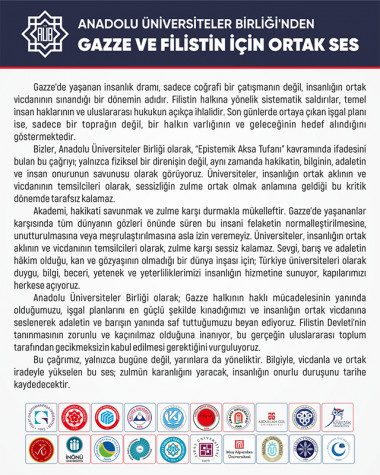 Anadolu Üniversiteler Birliği’nden Gazze ve Filistin İçin Ortak Çağrı